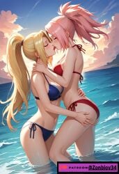 1:1 2girls ai_generated blonde_hair blush breasts choker female female_only headband headwear ino_yamanaka kissing lesbian_kiss long_hair medium_breasts multiple_girls naruto naruto_(series) naruto_shippuden ocean outdoors outside pale-skinned_female pale_skin partially_submerged pink_hair pink_nipples ponytail sakura_haruno shiny_skin short_hair sunset tongue tongue_kiss tongue_out water yuri