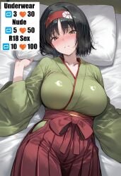 ai_generated bangs bed bed_sheet black_hair blush breasts brown_eyes closed_mouth clothing english_text erika_(pokemon) female female green_kimono hairband hakama hakama_skirt headwear indoors kimono large_breasts long_sleeves looking_at_viewer lying on_back on_bed pillow pillow_grab pokemon pokemon_(game) pokemon_character red_hairband red_hakama robe sash short_hair skirt smile solo sweat traditional_clothes wafuku wide_sleeves