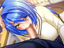 blue_hair blush breasts censored chijoku_no_seifuku clothing fellatio female game_cg hand_on_head highres large_breasts long_hair looking_up mizushima_oonari mosaic_censoring oral penis sitting socks solo_focus standing toyomori_aya yellow_eyes