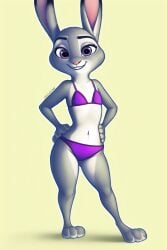 ai_generated anthro bunny_girl female flat_chest furry halfaslime hands_on_hips judy_hopps purple_bikini purple_eyes simple_background slim solo zootopia