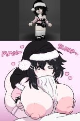 1boy 1girls 2d 2d_(artwork) 2d_artwork big_ass big_breasts big_nipples black_hair black_skirt christmas_hat eatidalemons eatlemons fellatio huge_ass huge_breasts huge_cock merry_christmas naked onomatopoeia oral oral_sex paizuri penis_between_breasts pink_body reference_image roblox roblox_avatar robloxian skirt tagme