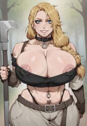 1girls abs huge_ass huge_breasts kunaboto_(style) muscular_female nipple_slip smiling thick_thighs viking weapon womb_tattoo