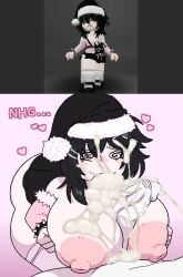 1boy 1girls 2d 2d_(artwork) 2d_artwork big_ass big_breasts big_nipples black_hair black_skirt christmas_hat cum cum_on_face cum_overflow eatidalemons eatlemons ejaculation excessive_cum huge_ass huge_breasts huge_cock merry_christmas naked onomatopoeia paizuri penis_between_breasts pink_body reference_image roblox roblox_avatar robloxian skirt tagme