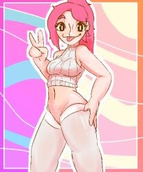 2d 2d_(artwork) anna_(potato_dealer) belly_button big_breasts bottomless breasts closed_smile clothing colored cute earrings female female_focus female_only looking_at_viewer mouth_closed navel no_panties no_pants oc peace_sign pink_hair potato_dealer shiny_skin shoulders smile solo solo_female solo_focus squish stockings stomach thick_thighs thighhighs tongue tongue_out topwear white_stockings wide_eyed wide_hips