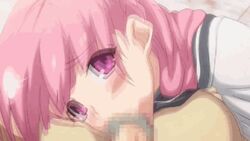 1boy :>= animated censored deep_blowjob fellatio gyakuten_majo_saiban:_chijo_na_majo_ni_sabakarechau head_tilt looking_at_viewer male male_pov oral ozawa_akifumi pink_eyes pink_hair pleasure_face pov saliva yuki_himeno