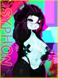 2024 belly black_hair blue_nipples breasts denva9 goo_girl magenta_eyes monster_girl nipple_covers one_horn original original_character plaster sharp_teeth shiny_skin slime_girl slime_hair smile solo_female sweat syphon thick_thighs two_tone_hair white_body