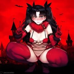 1-a_dot 1girls ai_generated black_hair blush breasts cleavage dangerous_beast fate/stay_night fate_(series) female female_only halloween thighhighs thighs tohsaka_rin