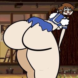 1girls alternate_version_available ass ass_focus big_ass bottomless bottomless_skirt breasts brown_eyes brown_hair capcom curvydoodles from_behind headband looking_back miniskirt no_panties sakura_kasugano school_uniform schoolgirl short_hair skirt street_fighter thick thick_ass thick_thighs tomboy