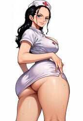 ai_generated alluring almost_naked almost_nude ass big big_breasts black_hair blue_eyes blush breasts female female_only long_hair looking_at_viewer nico_robin nico_robin_(one_piece) one_piece seductive_pose sexy_nurse white_clothes z4zt3l4 zaztela