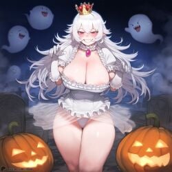 1-a_dot 1girls ai_generated big_breasts boosette breasts cleavage crown dress female ghost ghost_girl gloves grin halloween large_breasts long_hair looking_at_viewer mario_(series) nintendo pale-skinned_female pale_skin pumpkin smile solo super_crown thighs white_dress white_gloves white_hair