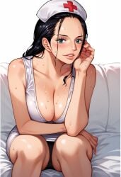 ai_generated alluring almost_naked almost_nude ass big big_breasts black_hair blue_eyes blush breasts female female_only long_hair looking_at_viewer nico_robin nico_robin_(one_piece) one_piece seductive_pose sexy_nurse white_clothes z4zt3l4 zaztela