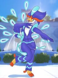 3:4 absurd_res anthro balls blue_body blue_eyes blue_feathers casual_nudity dancing feathers flaccid foreskin fountain generation_9_pokemon genitals glistening glistening_body hi_res humanoid_genitalia humanoid_penis kamek_sans male nintendo one_eye_closed orange_body orange_feathers penis plant pokemon pokemon_(species) quaquaval scuted_feet scutes shrub solo white_body white_feathers wide_hips wink yellow_body