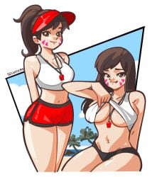 beach blizzard_entertainment brown_eyes brown_hair d.va hana_song lifeguard looking_at_viewer overwatch overwatch_2 provocative red_hat seductive selvish94 smiling_at_viewer underwear