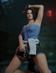 1girls 3d armpits brown_hair female female_focus female_only geone1 jill_valentine looking_at_viewer low-angle_view pistol resident_evil staring staring_at_viewer