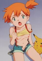 ai_generated anime anime_style exposed_breasts exposed_pussy heavy_breathing high-angle_view horny kasumi_(pokemon) kneeling kneeling_on_ground lifting_shirt looking_up_at_viewer moaning_in_pleasure no_panties orgasm_face overwhelming_pleasure panting petite petite_body petite_breasts petite_female pikachu pink_nipples pleasure_face pokemon short_shorts side_ponytail small_breasts small_nipples smutgen tank_top teenage_girl teenager thin_female tiny_breasts unzipped_shorts visible_breath