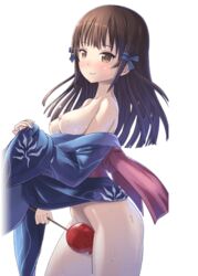 blush breasts brown_eyes brown_hair female homura_yuni kise_hotaru lilith-soft long_hair nipples open_clothes pointy_chin small_breasts smile solo taimanin_asagi_battle_arena topless