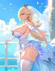 1girls ai_generated ass big_breasts blonde_hair blue_eyes breasts female female_focus hips huge_ass huge_breasts large_breasts light-skinned_female mature_female princess_rosalina thick_thighs thighs wedding_dress wedding_lingerie wedding_veil