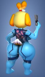 3d animal_crossing anthro ass bodysuit breasts canine cosplay donan endless female furry furry_only gun huge_ass isabelle_(animal_crossing) mammal metroid nintendo ranged_weapon samus_aran_(cosplay) shih_tzu simple_background solo thick_thighs weapon wide_hips zero_suit