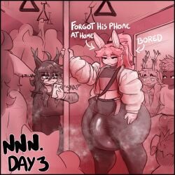 1:1 anthro black_border border bottom_heavy bulge clothed clothing electronics femboy flustered goo_creature hair hi_res huge_hips hung_femboy hung_trap hybrid hyper lagomorph leporid male mammal meme monochrome musk musk_clouds musky_balls musky_penis no_nut_november phone photo pink_hair ponytail public public_exposure public_transportation rabbit small_waist standing subway thick_thighs toxy toxy_squishy wide_hips