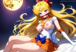 1girls ai_generated anilvl arm_support back_bow bangs bishoujo_senshi_sailor_moon blonde_hair blue_bow blue_eyes blush bow breasts breasts_apart breasts_out choker circlet cleave_gag cloth_gag clothes_lift collarbone crossed_legs earrings elbow_gloves feet_out_of_frame full_moon gag gagged gloves hairbow jewelry large_breasts leotard long_hair looking_at_viewer magical_girl medium_breasts miniskirt moon night night_sky nipples no_bra orange_choker orange_sailor_collar orange_skirt parted_bangs pleated_skirt red_bow sailor_collar sailor_senshi_uniform sailor_venus shiny shiny_skin shirt shirt_lift short_sleeves sitting skirt sky solo star_(sky) star_(symbol) star_choker star_earrings starry_sky sweat tears thighs tiara torn_clothes very_long_hair white_gloves white_leotard white_shirt