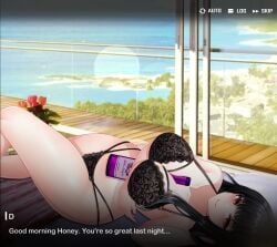 big_breasts black_bikini black_hair breasts commander_(nikke) d.d.g d_(killer_wife)_(nikke) d_(nikke) goddess_of_victory:_nikke large_breasts long_hair looking_at_viewer lying_down lying_on_bed pov pov_male red_eyes thighs