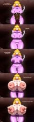 1boy 1girls breast_expansion breasts_bigger_than_head breasts_bigger_than_torso bursting_breasts enormous_breasts growth holding_breast hyper hyper_breasts long_hair long_nipples looking_at_viewer nokashino princess_peach solo_female super_crown tagme talking text wet_pussy