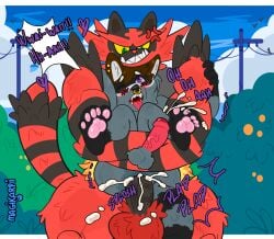 2boys adobe_photoshop_(artwork) anal anal_sex angry angry_face anthro ass balls barazoku blush bodily_fluids cum digital_media_(artwork) duo erection fangs felid feline fur gay generation_7_pokemon genital_fluids genitals grey_fur heart heart_symbol hearts hi_res incineroar magikarpii male male/male male_only male_penetrated male_penetrating male_penetrating_male moaning muscular muscular_anthro muscular_male nintendo nude one_eye_closed paws penetration penis pokemon pokemon_(species) red_fur sex text