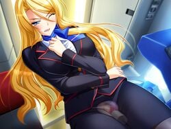 1girls airplane ass blonde_hair blue_eyes blush breasts censored chair chijoku_no_seifuku clenched_teeth clothed_masturbation clothing curvy discreet_vibrator female female_only female_penetrated game_cg highres indoors kagami_hirotaka large_ass large_breasts legs long_hair looking_down masturbation one_eye_closed panties panties_aside pantyhose pubic_hair pussy scarf skirt solo standing stealth stealth_masturbation stewardess thighs under_clothes underwear uniform vibrator vibrator_under_clothes wince x-ray