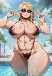 1girls bikini blonde_hair huge_ass huge_breasts kunaboto_(style) looking_at_viewer poolside pov sunglasses swimsuit thick_thighs wet