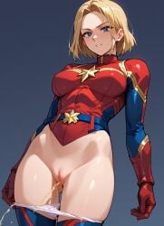 1girls ai_generated captain_marvel female female_only panties peeing solo