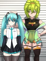 2girls arm_sleeves blue_hair brown_eyes colombian cosplay female female_focus fingerless_arm_sleeves fingerless_gloves fishnet_stockings fishnets flat_chest freckles green_hair green_nails hatsune_miku hatsune_miku_(cosplay) hispanic hispanic_virtual_youtuber indie_virtual_youtuber latam_virtual_youtuber light-skinned_female light_skin long_hair long_pigtails ponytail ryumivt short_hair small_breasts stockings thick_thighs thighs twintails twitch twitch.tv virtual_youtuber vocaloid vtuber yellow_eyes youtube youtube_hispanic