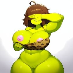 ai_generated big_breasts bottomless brown_hair cavewoman cro-marmot_(htf) cute green_skin hair_over_eyes happy_tree_friends marmot nipples pussy pussy_lips soft_tummy thick thick_thighs