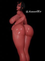 azazelev big_ass big_breasts black_hair black_lipstick demon_girl fortnite green_eyes malice_(fortnite) nude red_skin seductive_look shiny_skin short_hair succubus