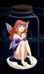 ai_generated ass bigmic145 breasts cartoon_network cum cum_jar cum_jar_(meme) cumjar daphne_blake daphne_blake_(mystery_incorporated) fairy fairy_wings feet jar leotard red_hair restrained scooby-doo scooby-doo!_mystery_incorporated sexually_suggestive