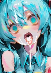 ai_generated bangs bare_shoulders blank_eyes blank_stare blue_eyes blue_hair blush collared_shirt cum cum_drip cum_dripping cum_dripping_from_mouth cum_in_mouth cyan_hair hatsune_miku looking_at_viewer naked open_mouth smaller_female twintails