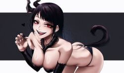 1girls bare_shoulders behemoth_(nikke) bikini black_hair black_horns black_nails breasts cojohn commentary_request eye_makeup goddess_of_victory:_nikke highres large_breasts looking_at_viewer nail_polish open_mouth red_eyes sharp_teeth smile tail teeth