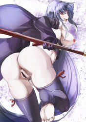 anus ass bare_shoulders black_legwear blue_hair breasts censored cute_fang female looking_back nipples open_mouth pubic_hair pussy red_eyes saitou_douzan_(sengoku_bushouki_muramasa) sengoku_bushouki_muramasa smile solo staff thighhighs yohane