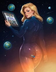 1girls ai_generated anal_plug ass ass blonde_hair blue_eyes bodysuit earth fantastic_four female female_only from_behind invisible invisible_woman long_hair looking_at_viewer marvel marvel_comics multiverse patreon penguih plug_(sex_toy) see-through sex_toy space sue_storm tablet tight_clothing transparent transparent_body turning_head