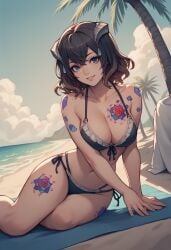 ai_generated bikini bloodstained:_ritual_of_the_night blue_bikini blue_eyes female hair_ornament horns large_breasts looking_at_viewer miriam_(bloodstained) pale-skinned_female sitting smile tattoo tattoo_on_breast voluptuous_female