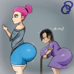 1femboy 1girls big_ass big_ass_(male) big_breasts big_butt black_hair delewdist female female femboy huge_ass huge_butt lewd_(delewdist) male male/female old_lady older_female pervert pervert_female pink_hair staring_at_ass