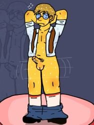 1boy arms_up_over_head before_sex blonde_hair boner charlie dancing gay half-closed_eyes male_only medium_balls no_underwear pants_down penis_out pubic_hair sad scene_reference shirt_open shoes short_hair small_penis straight_to_gay sweating tagme the_simpsons veiny_penis white_shirt white_socks yellow_skin