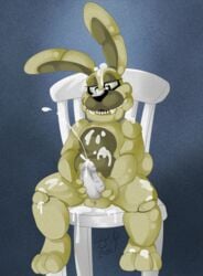 1boy animatronic anthro autobukkake balls barefoot bunny_ears chair cum cum_on_arm cum_on_body cum_on_face cum_on_feet cum_on_leg cum_on_penis cum_on_stomach cumshot ejaculation five_nights_at_freddy's five_nights_at_freddy's_4 frots grey_penis half-closed_eyes handjob lagomorph long_ears looking_down machine male male_only mammal masturbation messy metal_penis nude open_mouth orgasm penis plushie plushtrap plushtrap_(fnaf) rabbit robot sharp_teeth sitting smile solo spread_legs spreading teeth