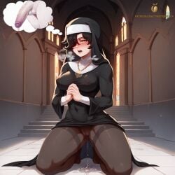 ai_generated aroused_female cinder_fall commission dripping_pussy implied_futanari large_breasts nipple_bulge nipples_visible_through_clothing nun nun's_habit nun_outfit patreon praying rwby salem_(rwby) stockings tagme thinking thought_bubble toned_female twistedpeach wet_pussy