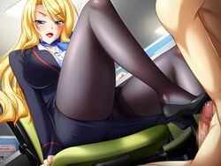 1boy 1girls ass blonde_hair blue_eyes blush breasts censored chair chijoku_no_seifuku clothed_female_nude_male clothing curvy erection feet female footjob game_cg high_heels highres indoors kagami_hirotaka large_ass large_breasts legs long_hair looking_down male mosaic_censoring naughty_face nude open_mouth panties panties_under_pantyhose pantyhose pantyshot penis precum precum_drip scarf shoejob sitting skirt smile solo_focus stewardess straight thighs underwear uniform