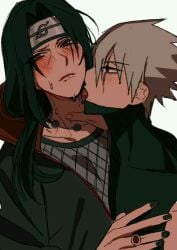 2boys blush blush_lines gay hatake_kakashi licking licking_neck male male/male male_with_painted_nails naruto naruto_(series) naruto_shippuden painted_nails scar_across_eye sweat uchiha_itachi yaoi