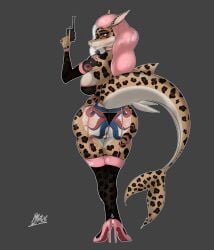 amber_eyes anthro ass big_breasts big_butt big_tail bra breasts clothing female fish footwear grey_hair ground_shark gun hair hi_res high_heels highlights_(coloring) huge_breasts huge_butt legwear leopard_shark leopard_spots lingerie marine milfshake pink_hair ranged_weapon shark shoes skimpy_bikini solo spots stockings tail triakid underwear weapon