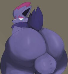 2024 anthro ass balls big_balls big_butt black_body black_ears black_hair black_inner_ear black_nose black_tail blue_eyes canid canine colored digital_media_(artwork) eyebrows femboy generation_5_pokemon genitals grey_background hair hi_res huge_balls huge_butt huge_thighs looking_at_butt looking_at_own_butt looking_back looking_back_at_self male mammal nintendo nude_anthro nude_male pleasantlyplumpthiccness pokemon pokemon_(species) rear_view red_eyebrows red_eyelids red_hair shaded simple_background smile solo tail thick_thighs zorua