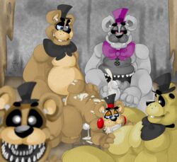 5boys all_fours anal anal_sex animatronic anthro ass bear bow chubby cum cum_everywhere cum_in_mouth cum_inside cum_on_back cum_on_face cum_on_ground cum_on_penis cum_on_stomach cum_on_tail cum_string cumshot double_penetration fellatio five_nights_at_freddy's five_nights_at_freddy's_2 foursome freddles_(fnaf) freddy_(fnaf) frots gay golden_freddy_(fnaf) group group_sex half-closed_eyes hand_on_ass hat headgear looking_at_viewer looking_down machine male male_only mammal messy nightmare_(fnaf) on_floor open_mouth oral orgasm penetration penis robot sex sharp_teeth sitting size_difference smile spread_legs spreading sucking teeth toy_freddy_(fnaf) yaoi