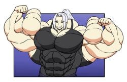 aliarts7 clothed deviantart extreme_muscles huge_biceps huge_pecs huge_traps jujutsu_kaisen mei_mei_(jujutsu_kaisen) muscle_fetish muscular_female posing_for_the_viewer smiling solo_female white_hair