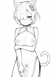 alternate_costume animal_ear_fluff animal_ears arknights arm_under_breasts bare_arms bare_shoulders blunt_bangs blush breasts china_dress chinese_clothes closed_mouth commentary_request covered_nipples cowboy_shot delphine_(arknights) dress embarrassed female female_pubic_hair hair_over_one_eye hand_on_own_elbow hatching_(texture) highres large_breasts linear_hatching looking_at_viewer makigirisu one_eye_covered pubic_hair see-through_clothes see-through_dress short_hair simple_background sleeveless sleeveless_dress solo standing sweatdrop tail white_background